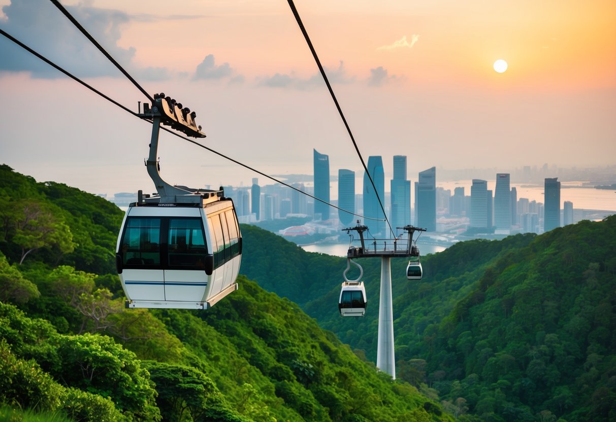 A cable car glides over lush green hills, with the Singapore skyline in the distance. The sun sets, casting a warm glow over the city