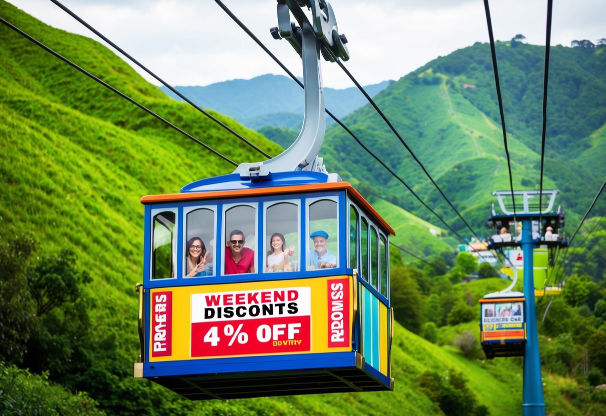 A colorful cable car glides over lush green hills, with a family of four enjoying the scenic ride. The cable car is adorned with promotional banners advertising weekend discounts