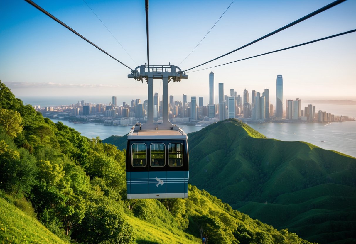 A cable car glides over lush green hills, with the city skyline in the background