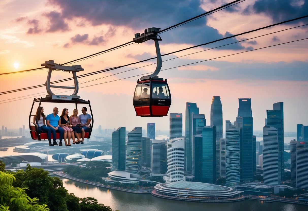 People enjoying panoramic views of Singapore skyline from cable car