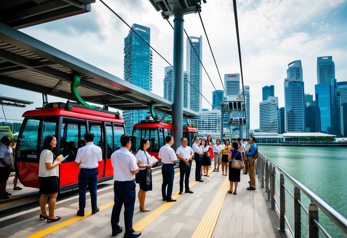 A bustling cable car station in Singapore, with tourists lining up and staff answering questions about promotions