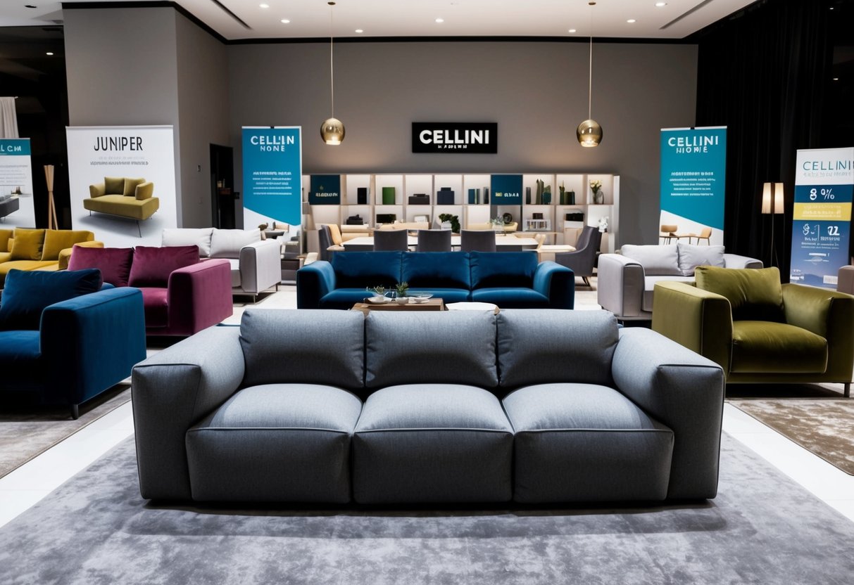 A spacious living room with a Juniper Customisable Modular Sofa as the focal point, surrounded by other Cellini home furniture, with promotional signage in the background