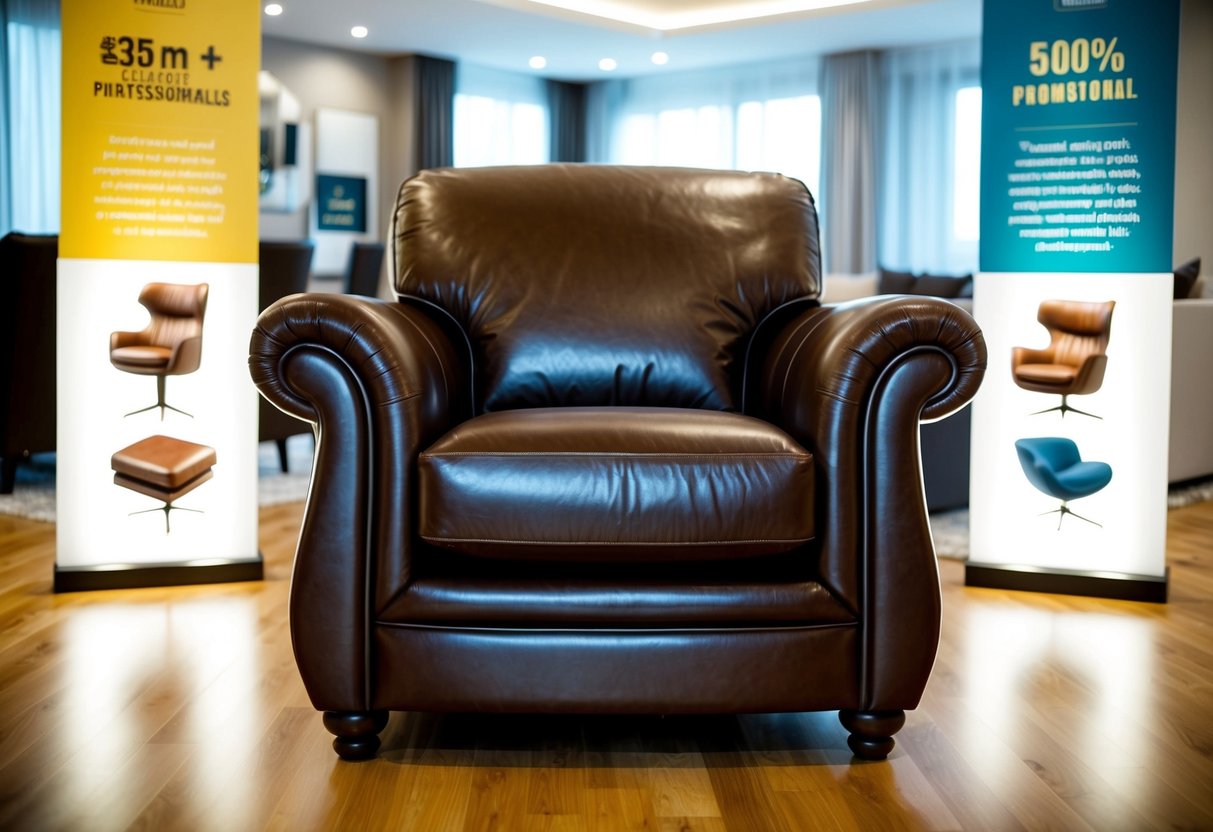 A luxurious leather armchair sits in a stylish living room, surrounded by modern home decor. Bright promotional signage highlights its features
