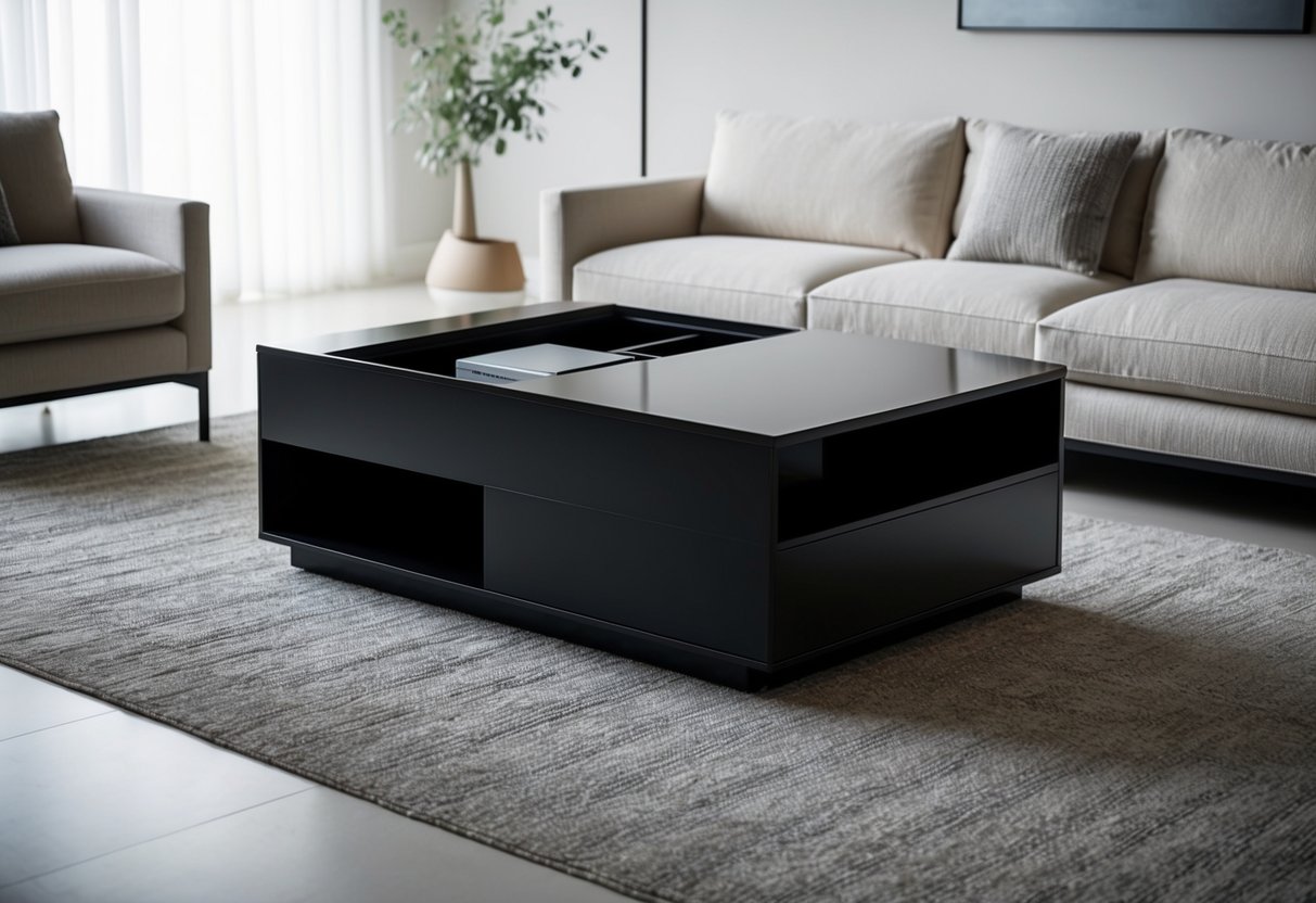A sleek black coffee table with built-in storage compartments, set in a modern living room with minimalist decor and soft ambient lighting