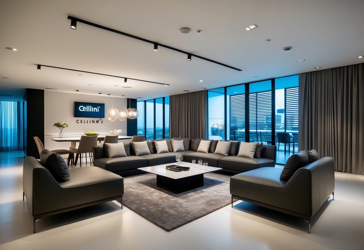 A modern living room with sleek, minimalist furniture in a showroom setting, featuring Cellini's unique style and promotions in Singapore