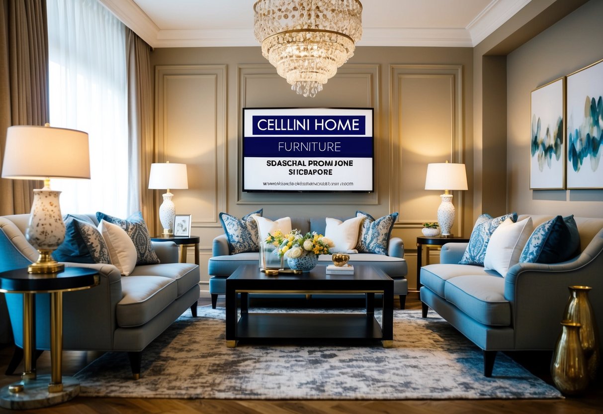 A cozy living room with elegant furniture and decorative accents, featuring seasonal promotions for Cellini home furniture in Singapore