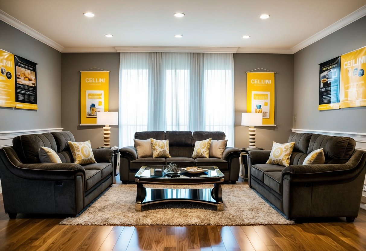 A cozy living room with a Cellini furniture set, featuring a stylish sofa, coffee table, and entertainment center. Bright promotional banners hang on the walls