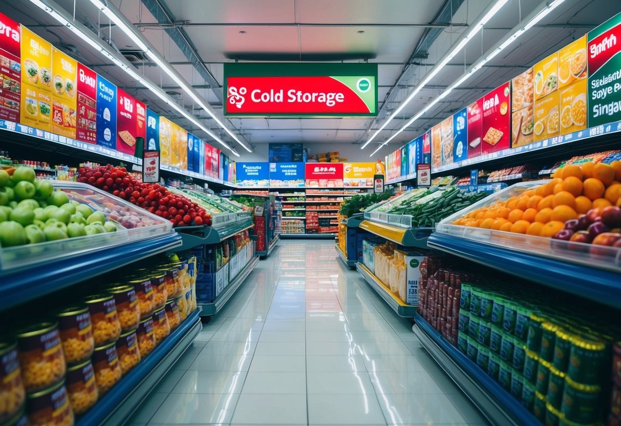 A bustling supermarket with colorful promotional displays at Cold Storage in Singapore