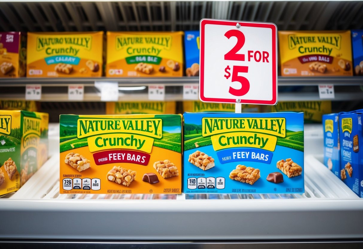 A colorful display of Nature Valley Crunchy Bars in a supermarket freezer, with a prominent "2 for $5" promotion sign