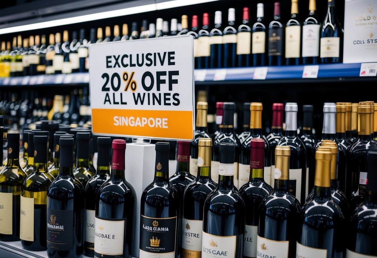 A display of various wine bottles on sale, with a prominent sign indicating "Exclusive 20% Off All Wines" at a Cold Storage supermarket in Singapore