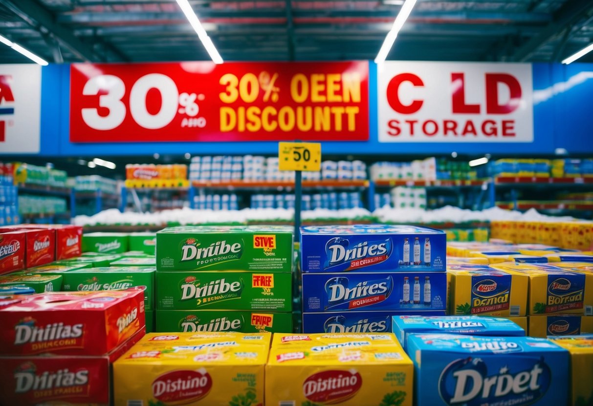 A colorful display of discounted products at Cold Storage, with prominent signage and vibrant packaging