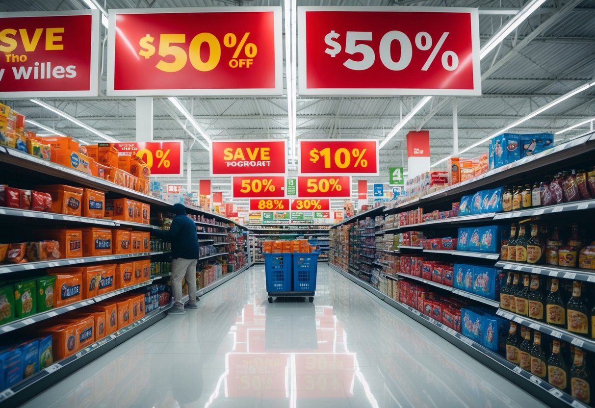A busy supermarket aisle with bright promotional signs and shelves stocked with discounted items