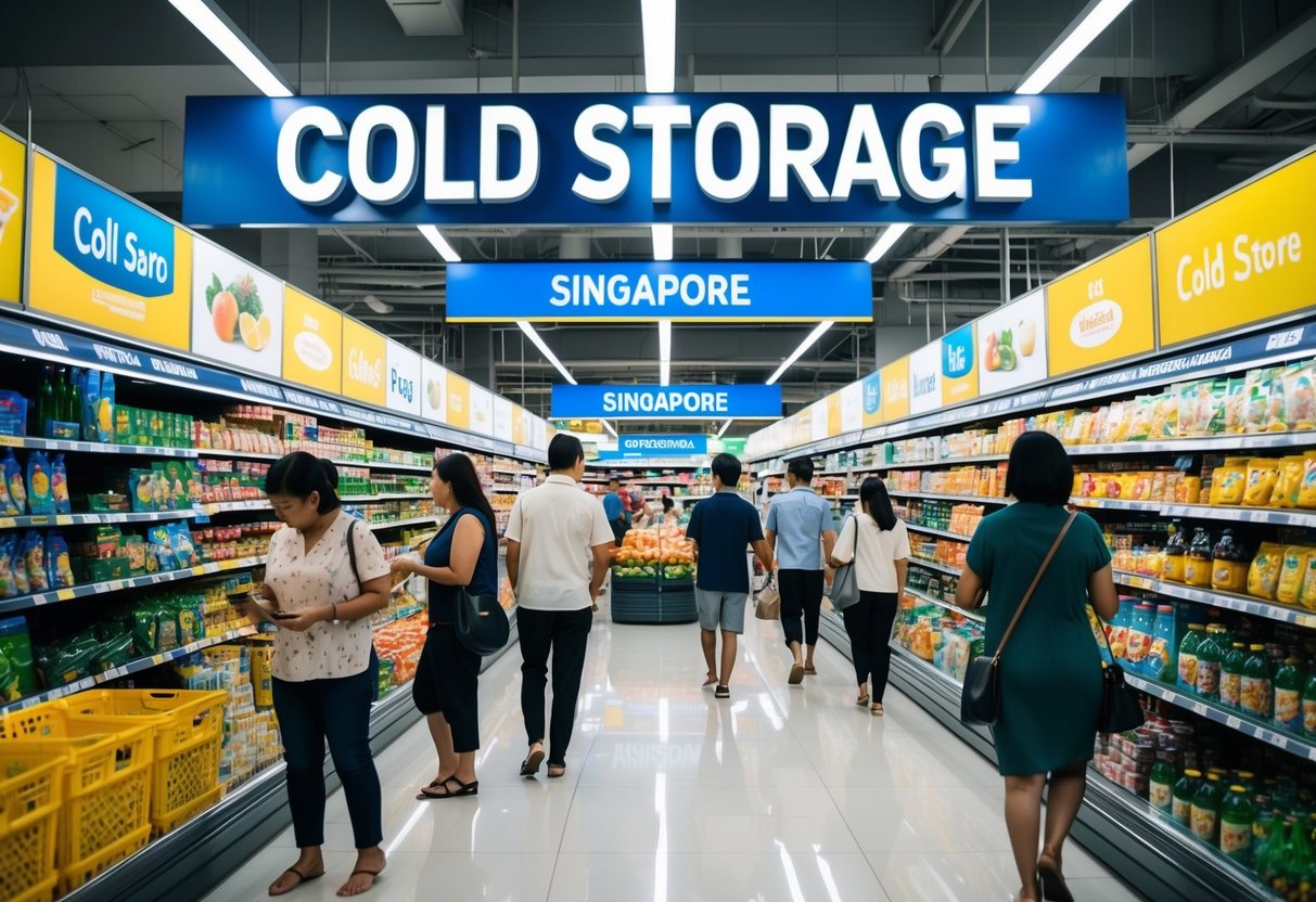 A bustling supermarket with colorful promotional displays and signage for Cold Storage in Singapore. Customers browsing aisles and checking out deals