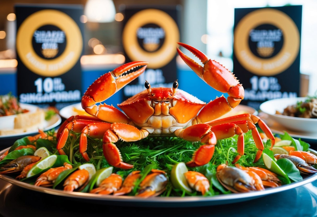 A lively crab with outstretched claws dances amid a spread of Singaporean seafood cuisine, surrounded by promotional signs