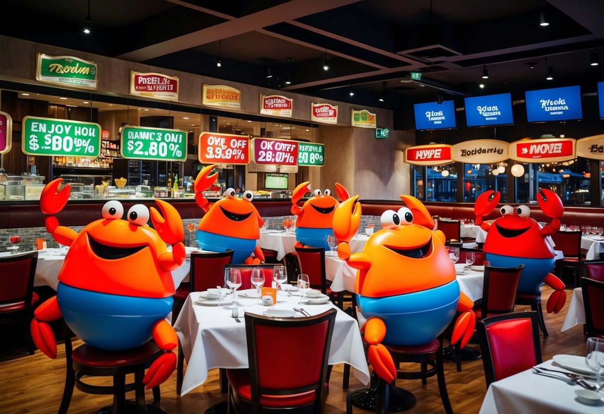 A lively restaurant scene with dancing crab characters enjoying discounted meals and promotional signage displayed throughout the venue