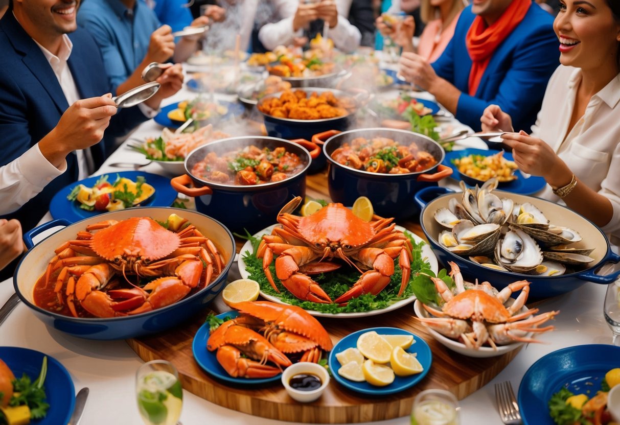 A vibrant seafood feast at Dancing Crab, with steaming pots of spicy crabs and colorful platters of fresh shellfish, surrounded by excited diners