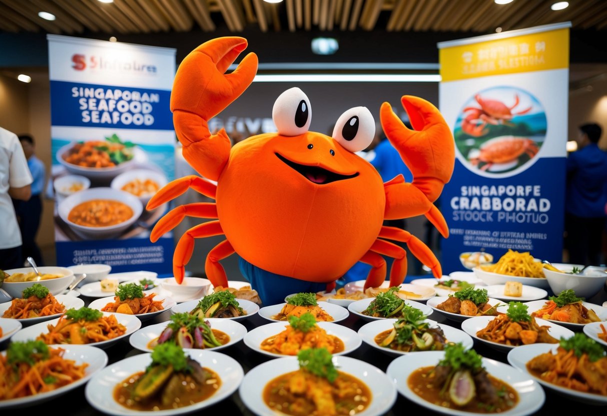 A lively crab mascot dances amid a spread of Singaporean seafood dishes, with promotional signs in the background