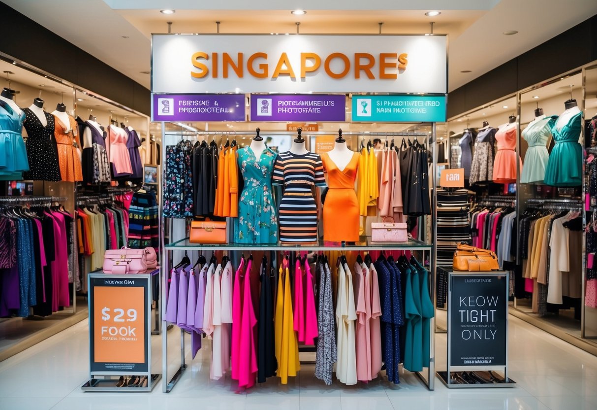 A colorful array of trendy women's fashion items displayed with promotional signs in a bustling Singapore shopping district