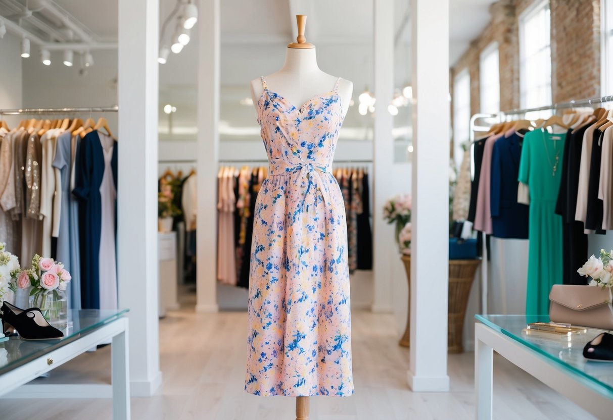 A floral midi dress displayed on a mannequin in a bright and airy boutique setting, surrounded by other stylish clothing and accessories