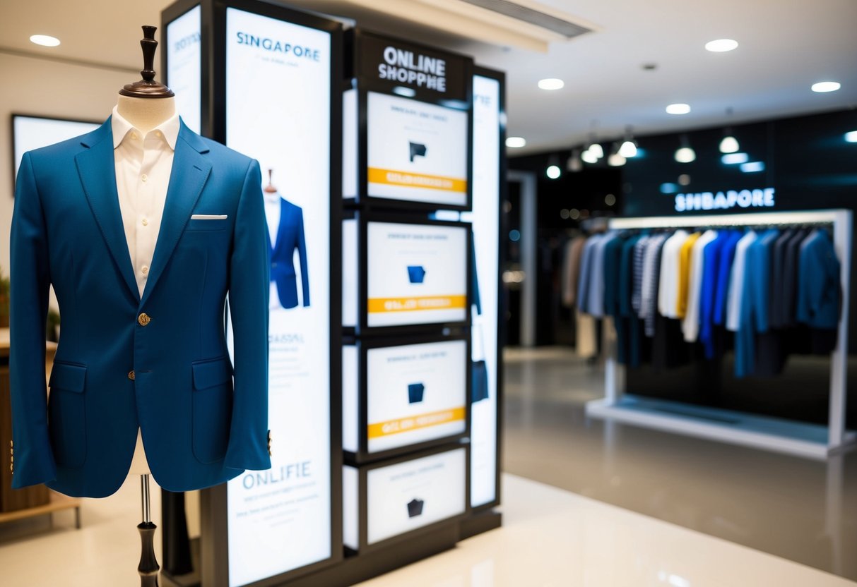 A classic blazer jacket displayed with promotional signage in a Singapore online shopping setting
