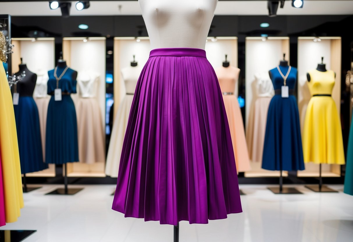 A vibrant, pleated A-line skirt displayed on a mannequin in a well-lit, modern fashion boutique
