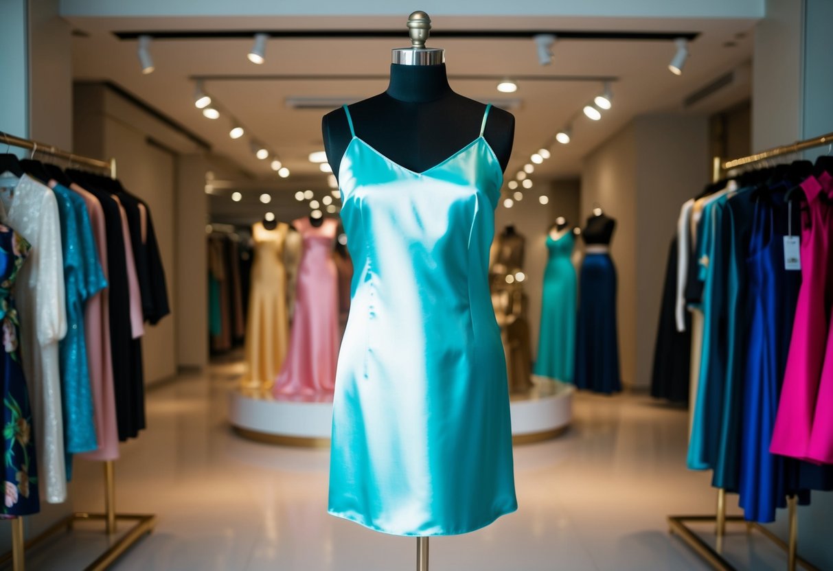 A satin slip dress displayed on a mannequin in an online shopping promotion for women's styles in Singapore