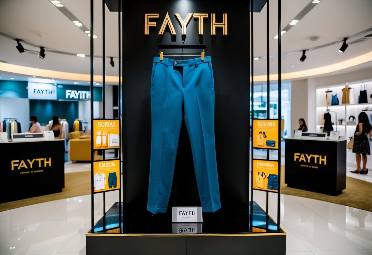 A sleek pair of tailored trousers displayed with a "Fayth" logo, surrounded by promotional signs in a Singaporean online shopping setting