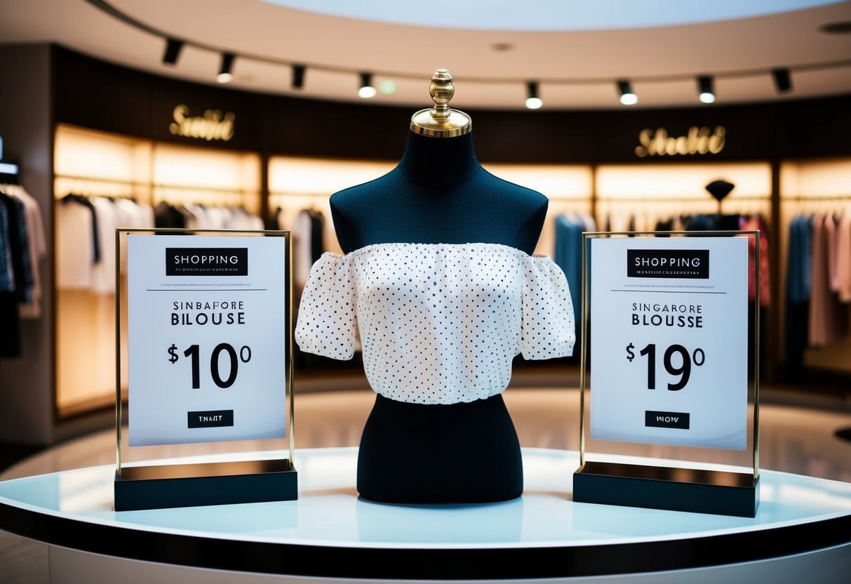 An off-shoulder blouse displayed with promotional signs in a Singapore online shopping setting