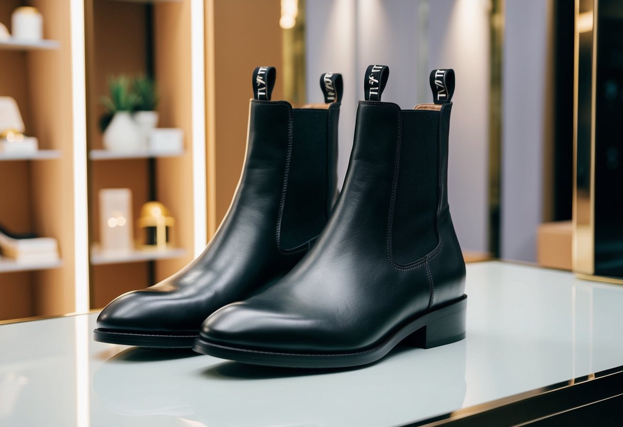 A pair of leather ankle boots displayed on a sleek, modern online shopping website, with the brand name "fayth" and promotional offers for Singapore