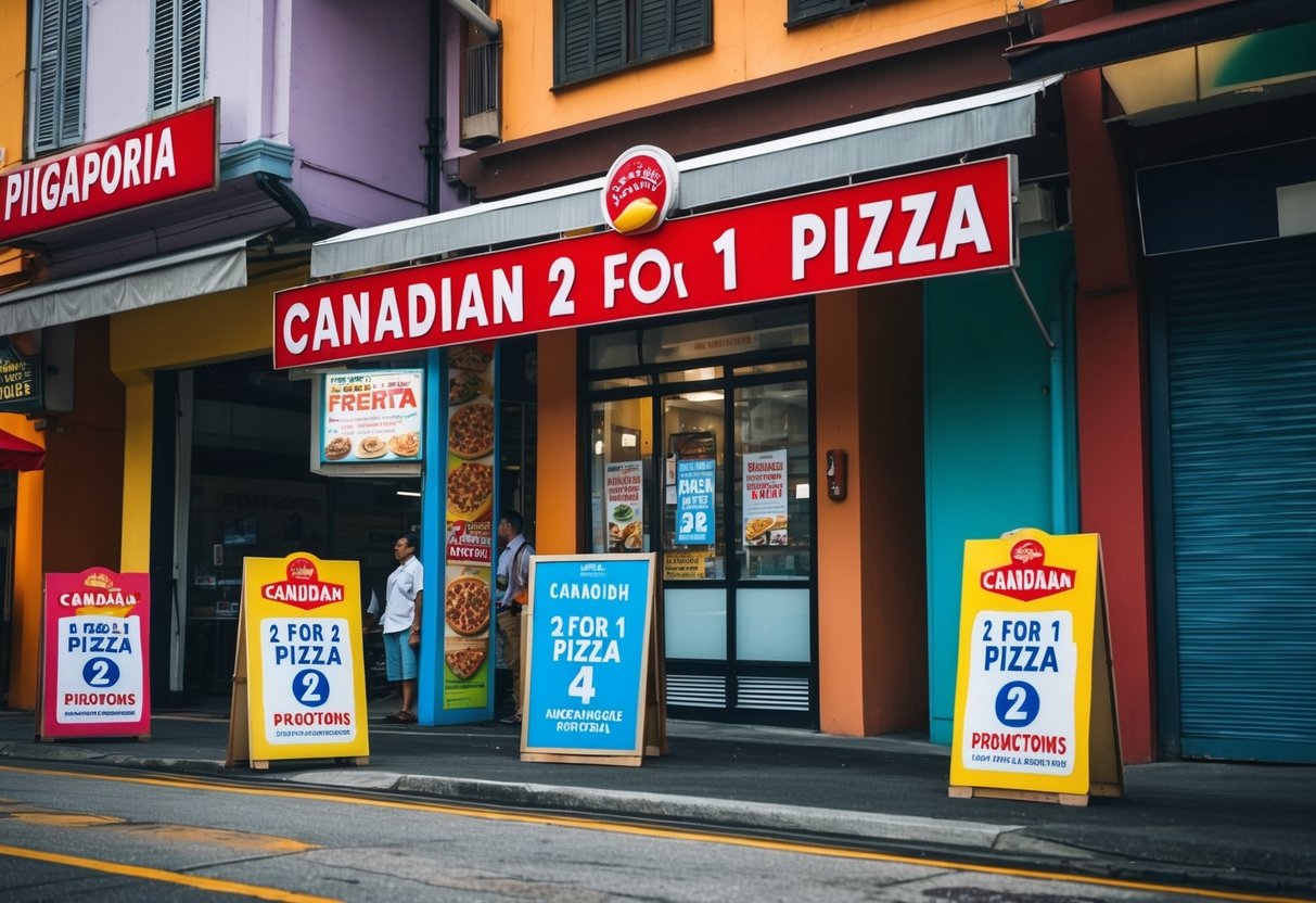 A bustling street in Singapore with colorful signs advertising Canadian 2 for 1 pizza promotions outside a busy pizzeria