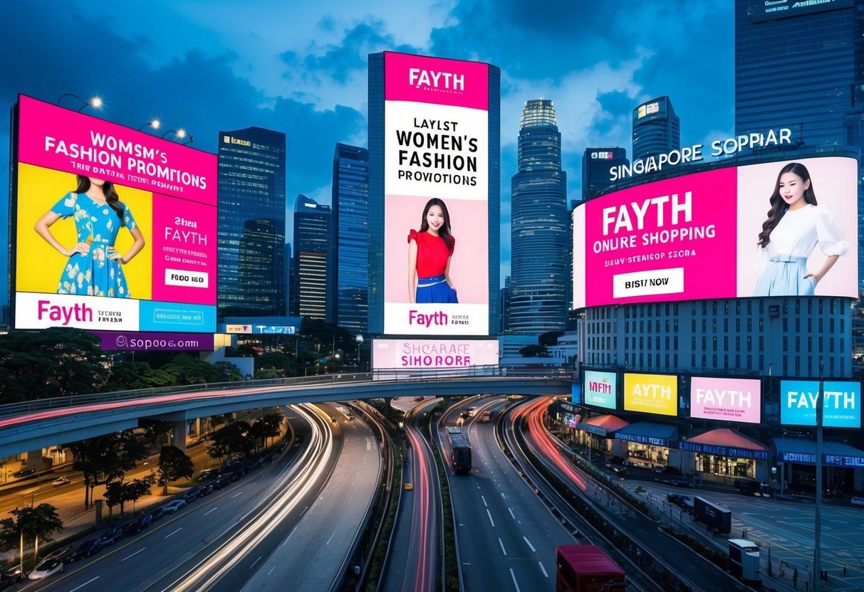 A vibrant and bustling Singapore cityscape with colorful billboards and digital screens advertising the latest women's fashion promotions from fayth online shopping