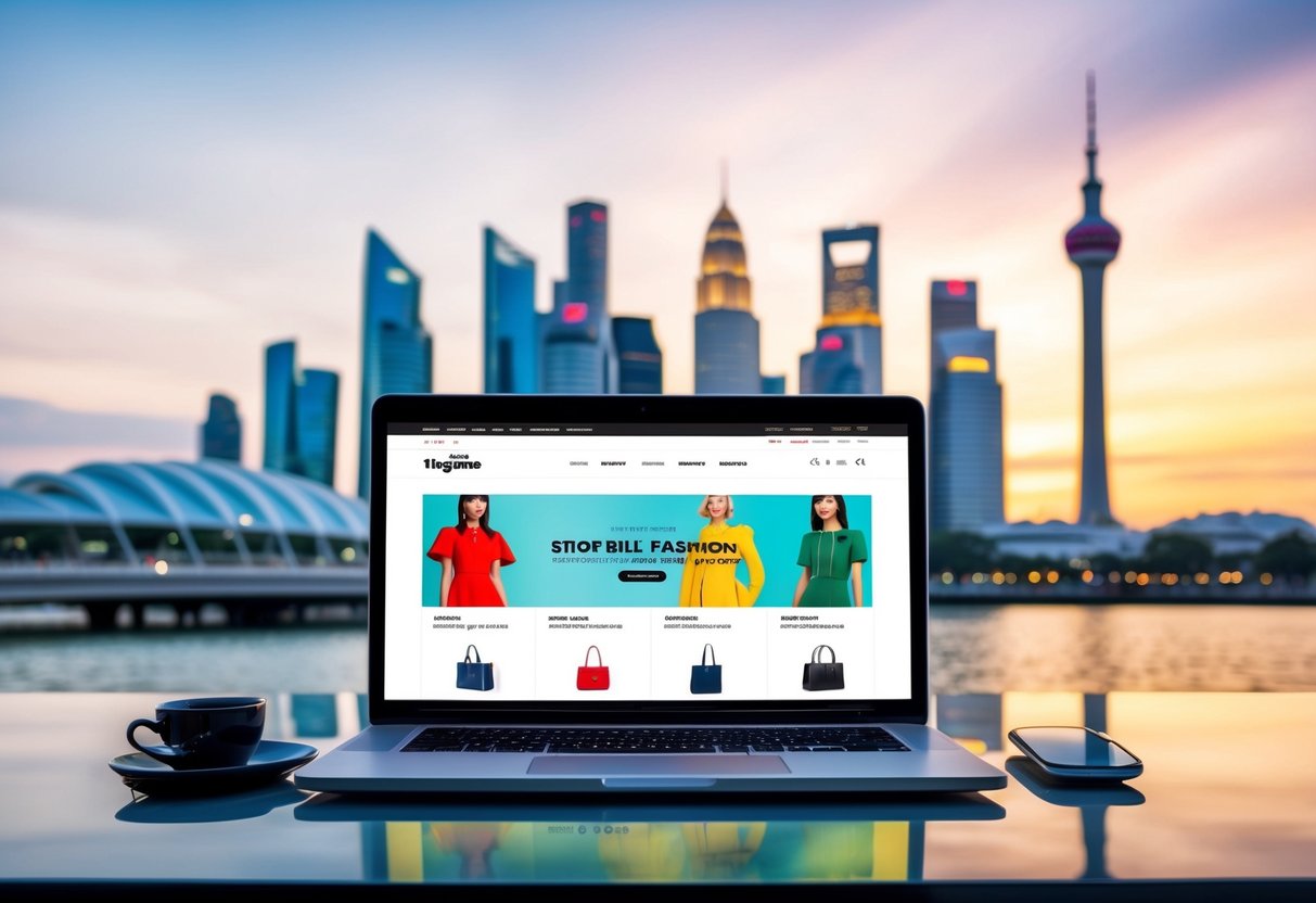 A vibrant online shopping platform with sleek, modern fashion promotions displayed against a backdrop of iconic Singapore landmarks