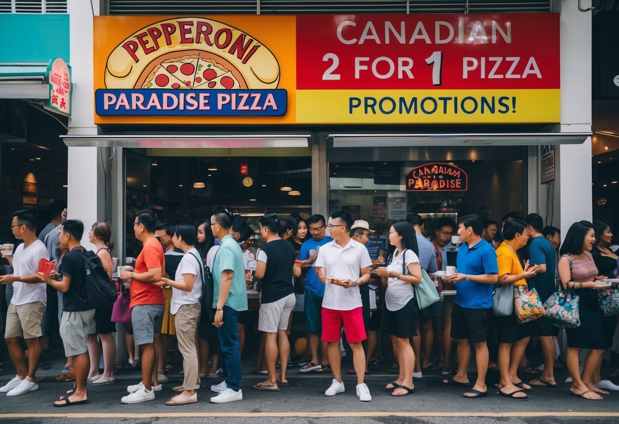 A bustling pizzeria with a colorful sign advertising "Pepperoni Paradise Pizza" and "Canadian 2 for 1 Pizza Promotions" in Singapore. Customers line up outside the shop, eagerly waiting for their orders