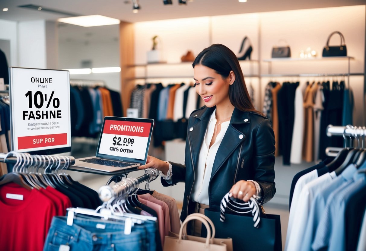 A woman browsing an online fashion store with promotions, surrounded by stylish clothing and accessories