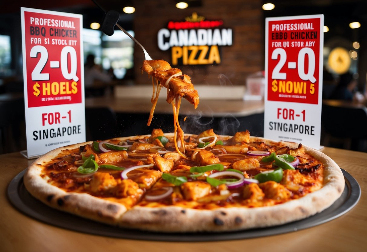A sizzling BBQ chicken pizza surrounded by promotional signage for 2-for-1 deals at a Canadian pizza restaurant in Singapore
