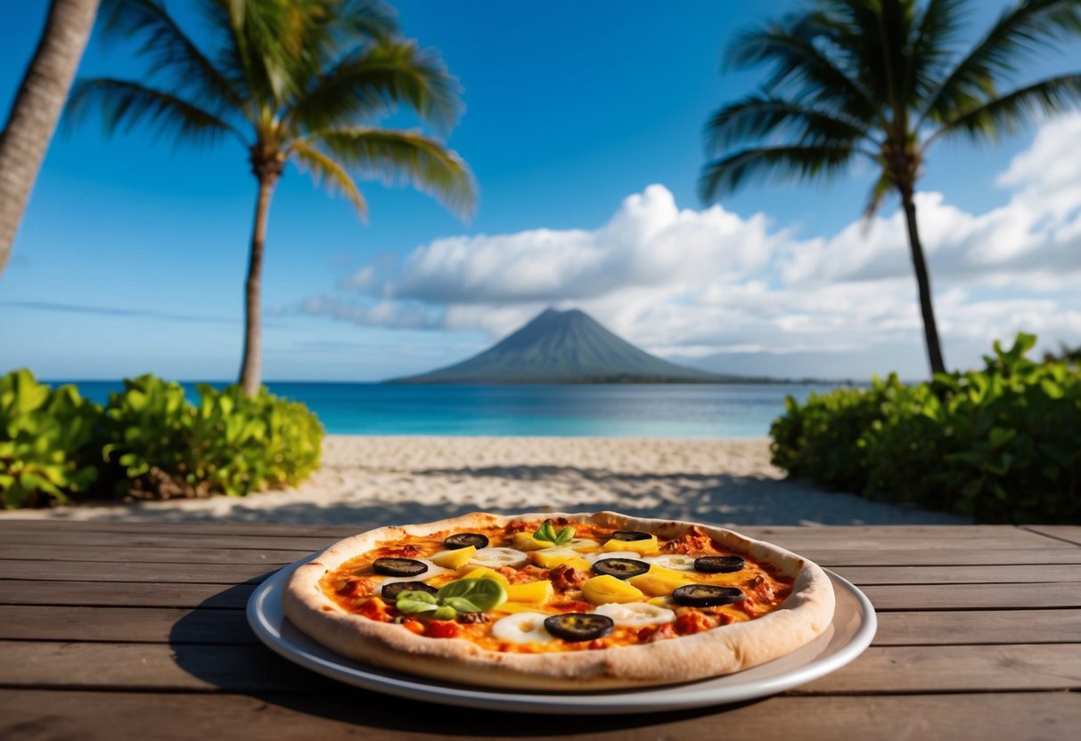 A tropical beach with a volcano in the background, surrounded by palm trees and a pizza with Hawaiian toppings