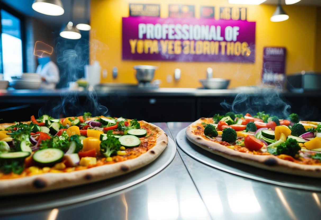A colorful array of fresh vegetables and savory toppings spread across two steaming hot pizzas, with a promotional sign in the background