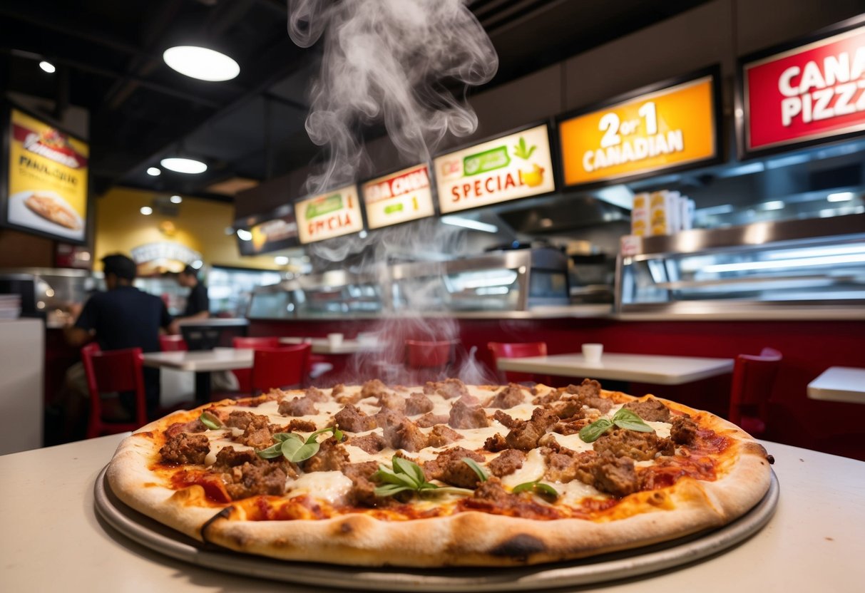 A steaming hot Meat Lovers Special Canadian 2 for 1 pizza sits on a table surrounded by promotional signage in a bustling Singapore pizzeria
