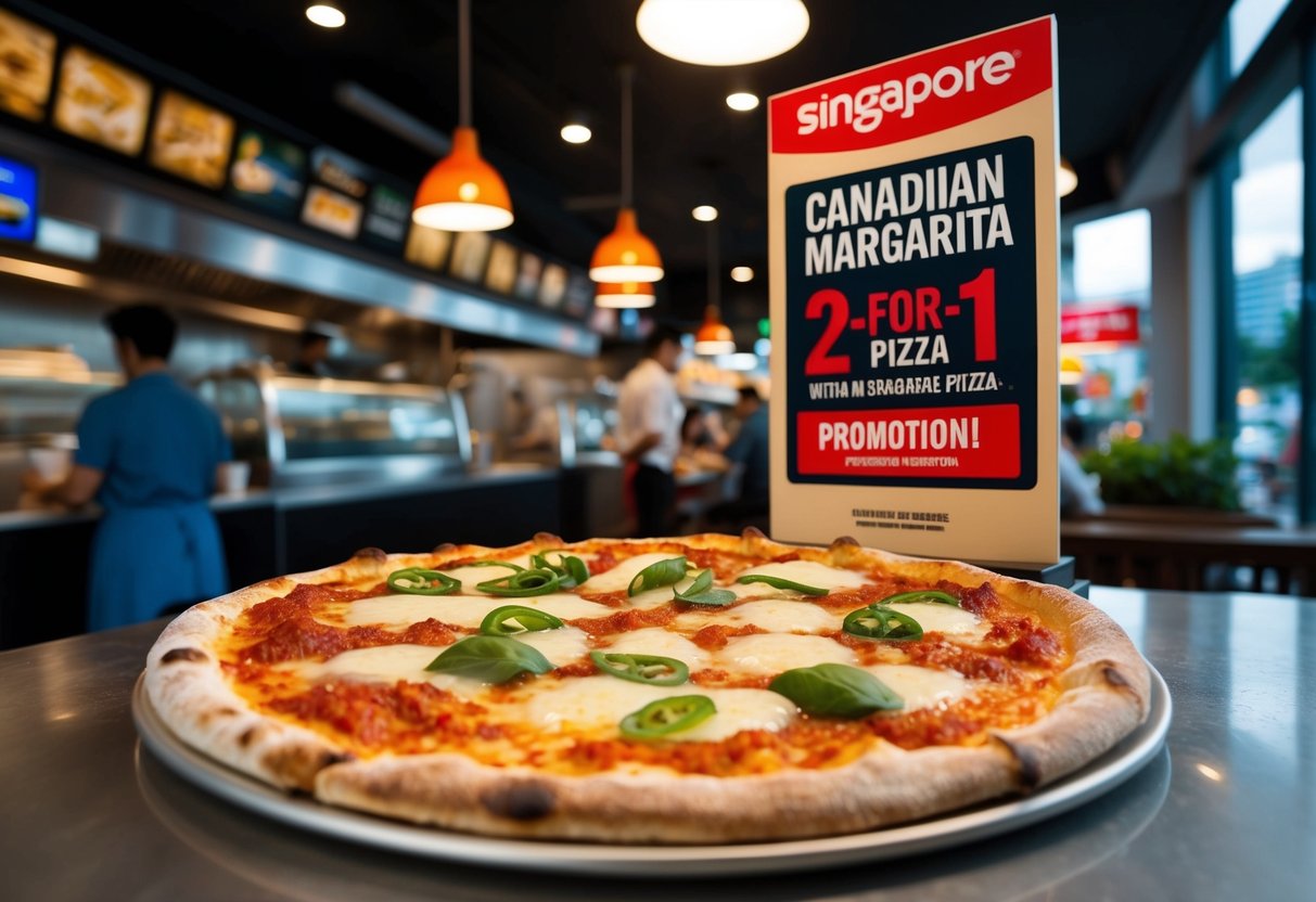 A classic Canadian margarita pizza with a 2-for-1 promotion in a bustling Singapore pizzeria