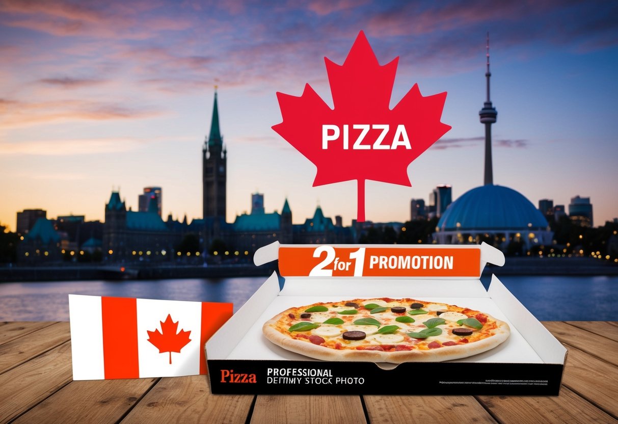 A Canadian flag and a pizza box with a 2 for 1 promotion sticker, set against a backdrop of iconic Canadian landmarks