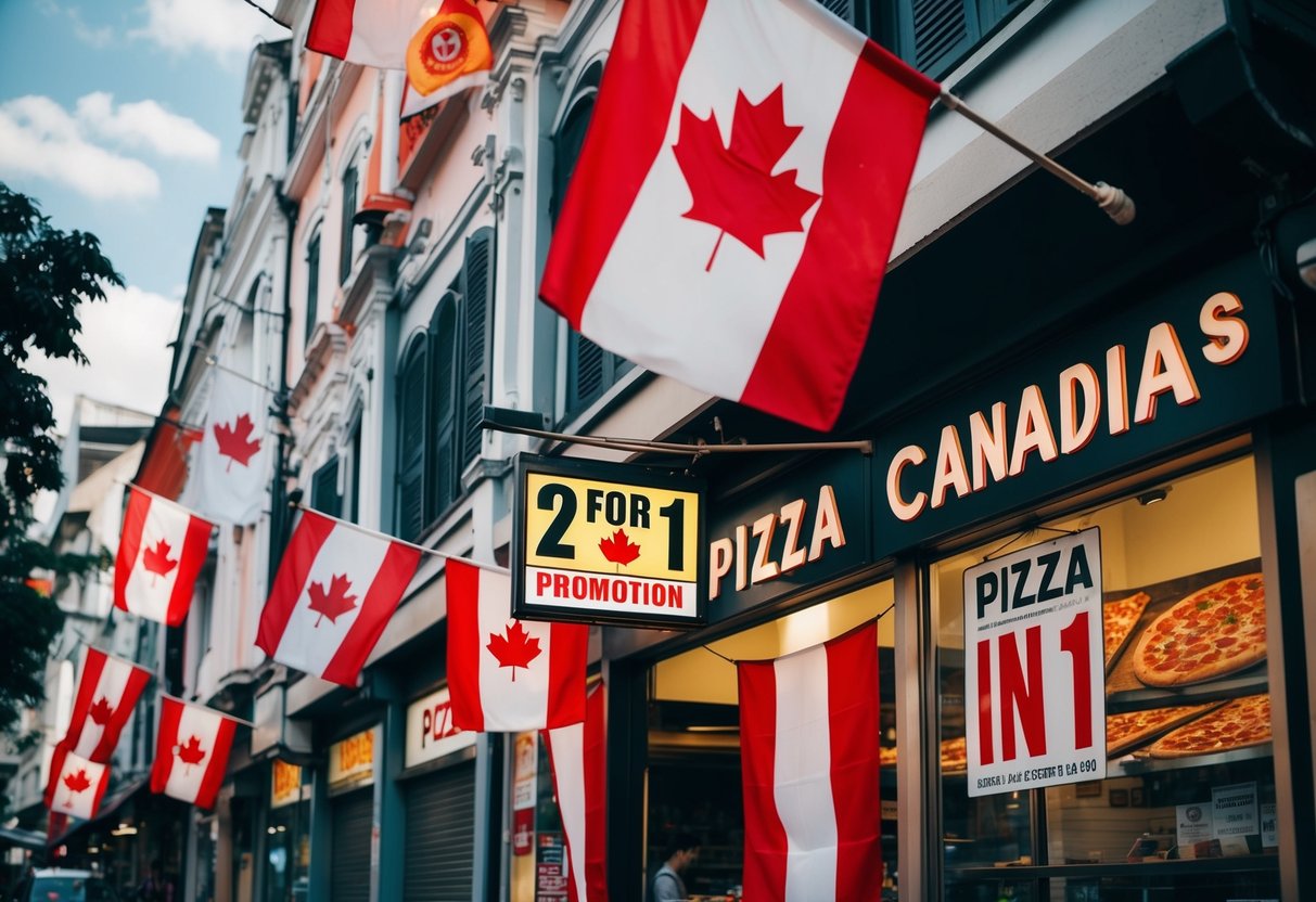 A bustling street in Singapore with a pizza shop adorned with Canadian flags, featuring a "2 for 1" promotion sign
