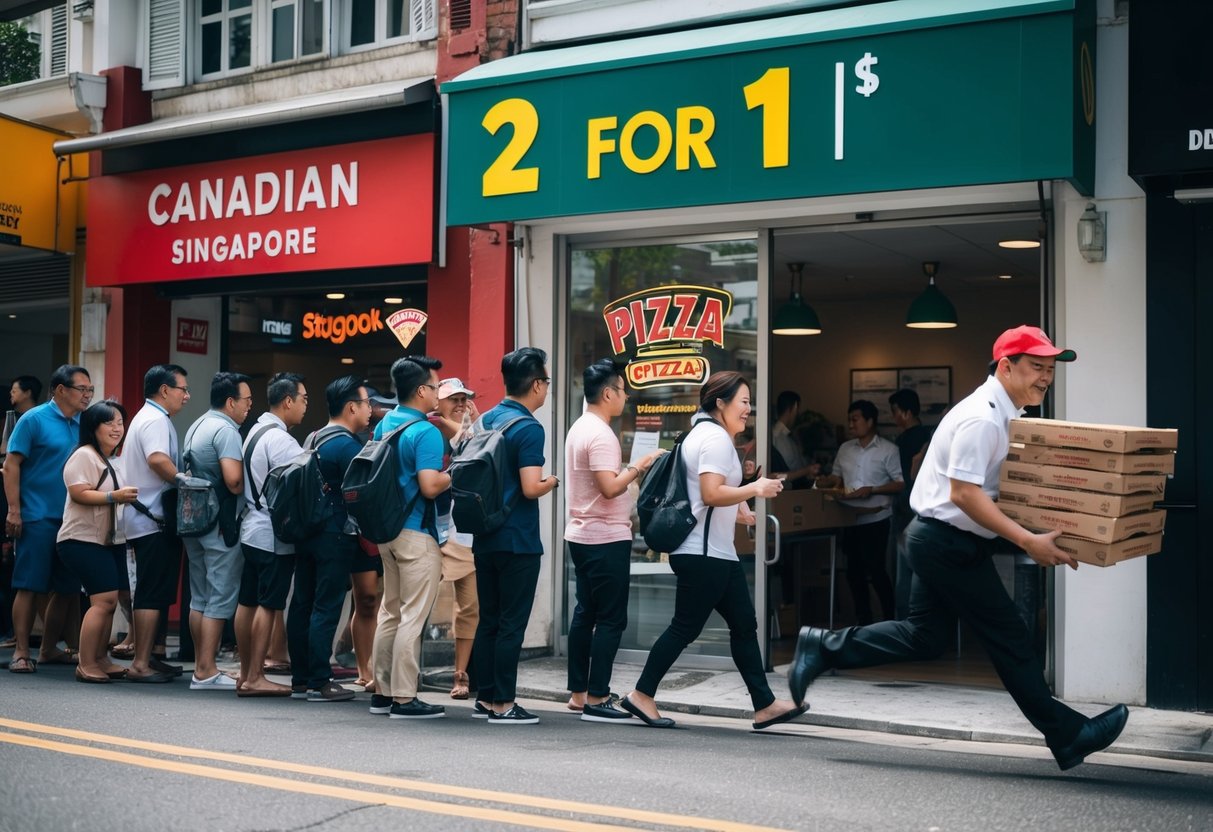 A bustling Canadian 2 for 1 pizza promotion in Singapore, with a line of customers outside a local business and a delivery driver rushing out with a stack of pizza boxes