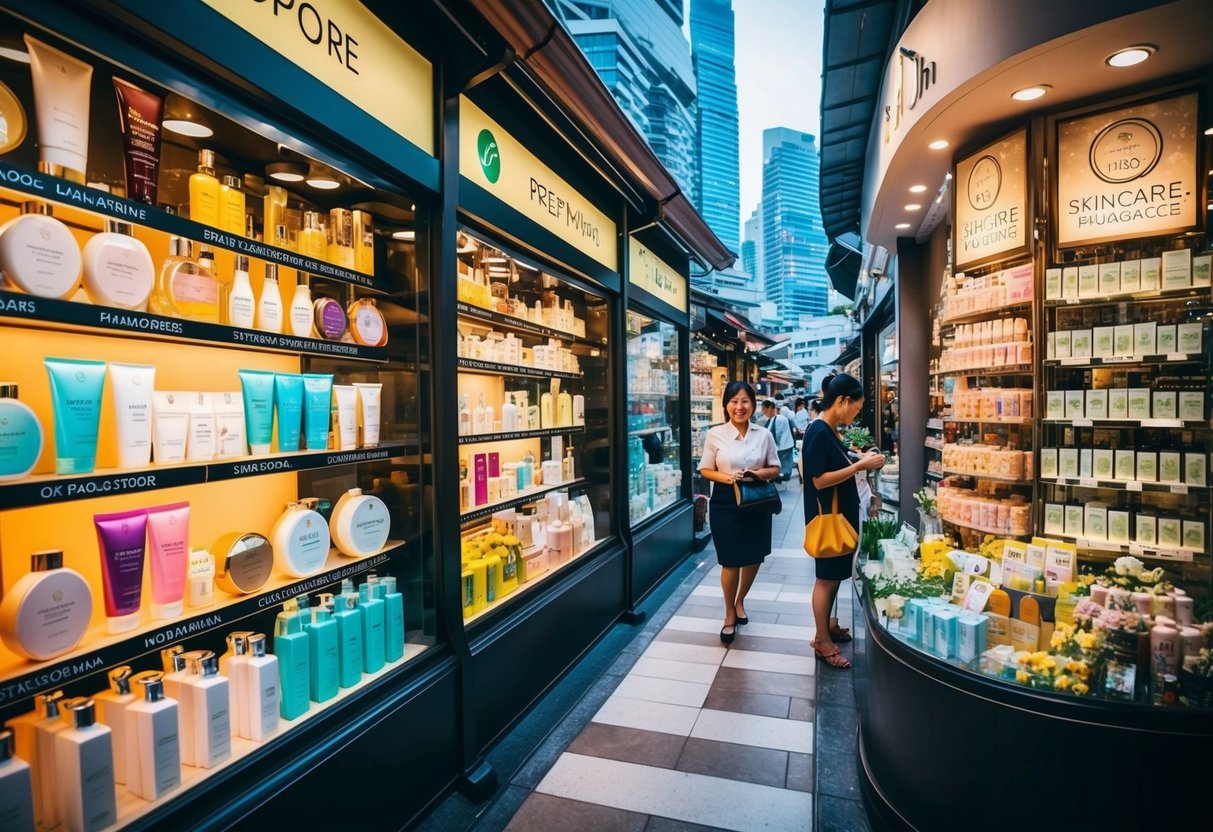 A bustling street in Singapore, with a vibrant display of skincare, body care, and fragrances promotions at a fresh shop