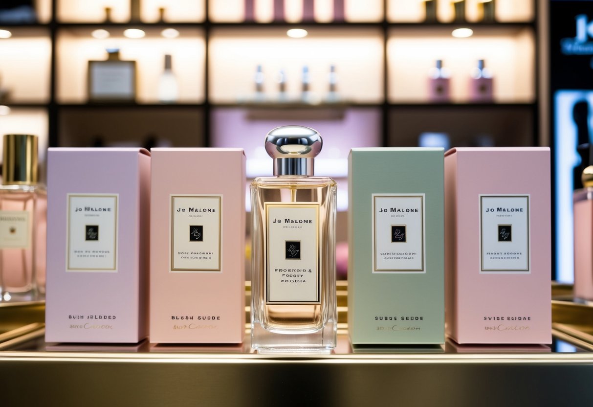 A display of Jo Malone London Peony & Blush Suede Cologne surrounded by promotional signage in a Singapore skin care and fragrance shop