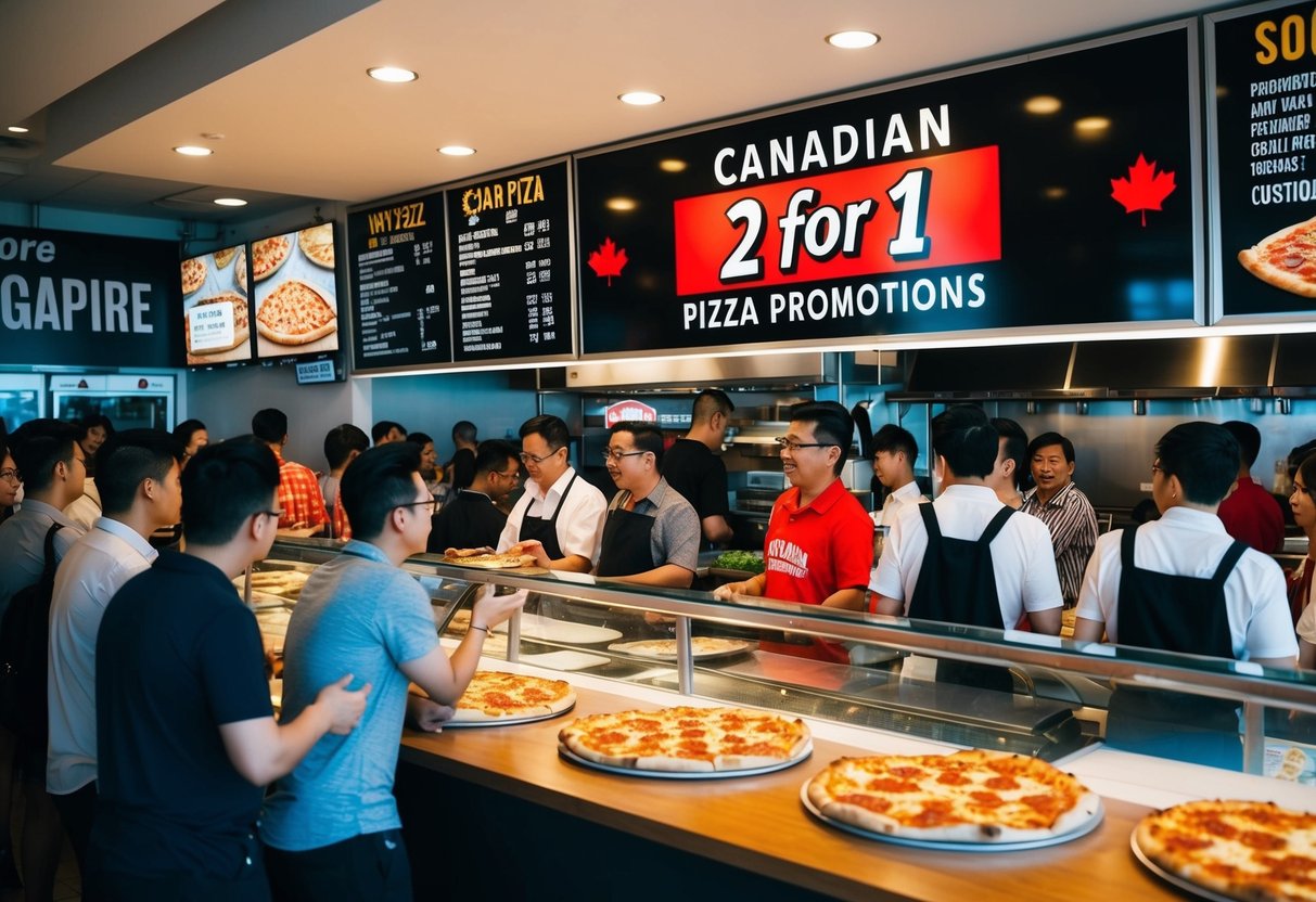 A crowded pizzeria with a large sign displaying "Canadian 2 for 1 Pizza Promotions" in Singapore. Customers line up at the counter with questions