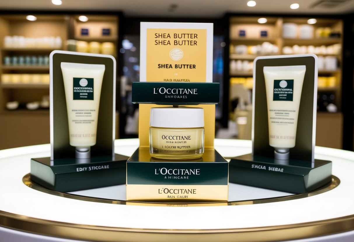 A display of L'Occitane Shea Butter Hand Cream surrounded by promotional signs in a Singapore skincare shop