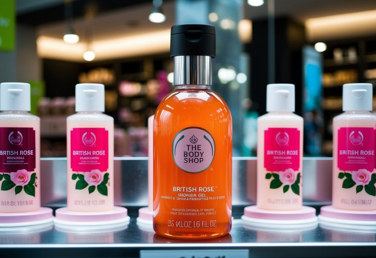 A bottle of The Body Shop British Rose Shower Gel displayed with promotional signs in a Singapore store