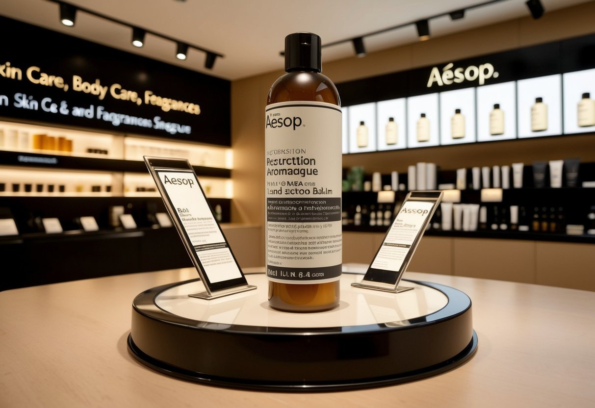 The Aesop Resurrection Aromatique Hand Balm displayed with promotional signage in a sleek Skin Care, Body Care, and Fragrances shop in Singapore