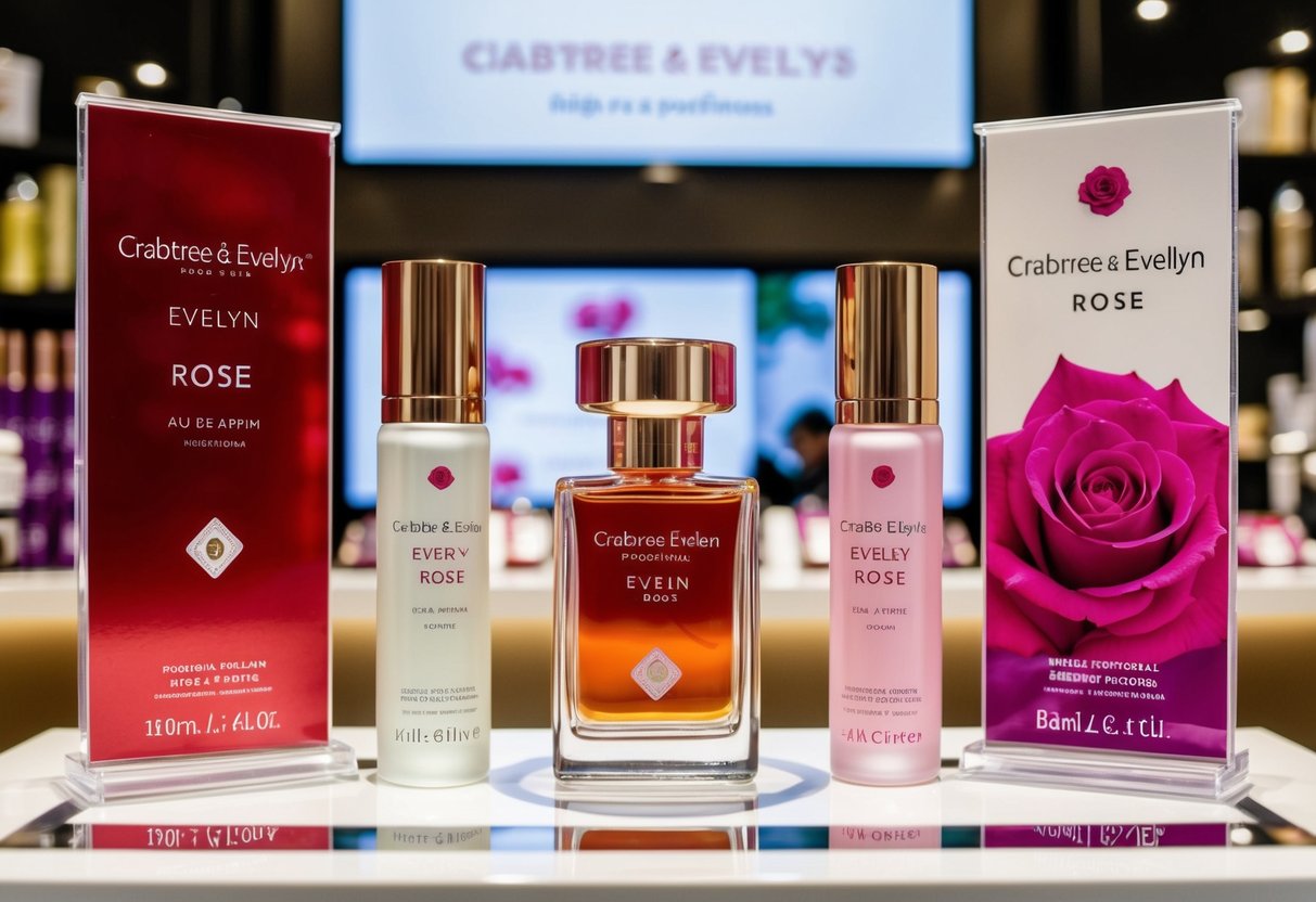 A display of Crabtree & Evelyn Evelyn Rose Eau de Parfum surrounded by promotional signage in a Singapore skincare and fragrance shop