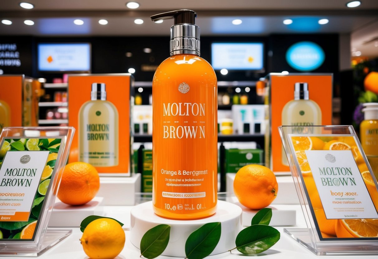 A vibrant display of Molton Brown Orange & Bergamot Body Wash at a Singapore shop, surrounded by promotional signs and fresh citrus scents